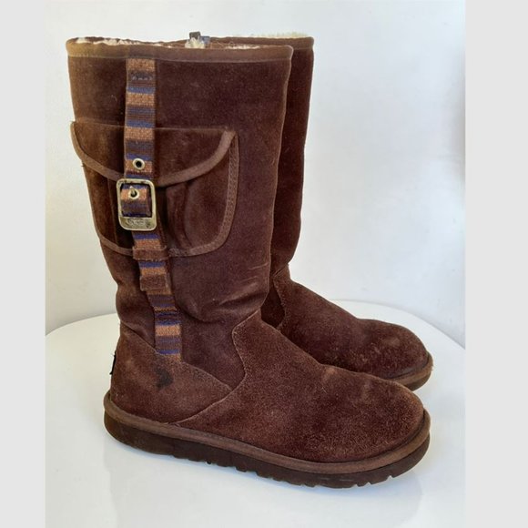 UGG 1895 Retro Cargo Pocket Tall Zip Suede Espresso Brown Sheepskin Boots - Picture 2 of 13
